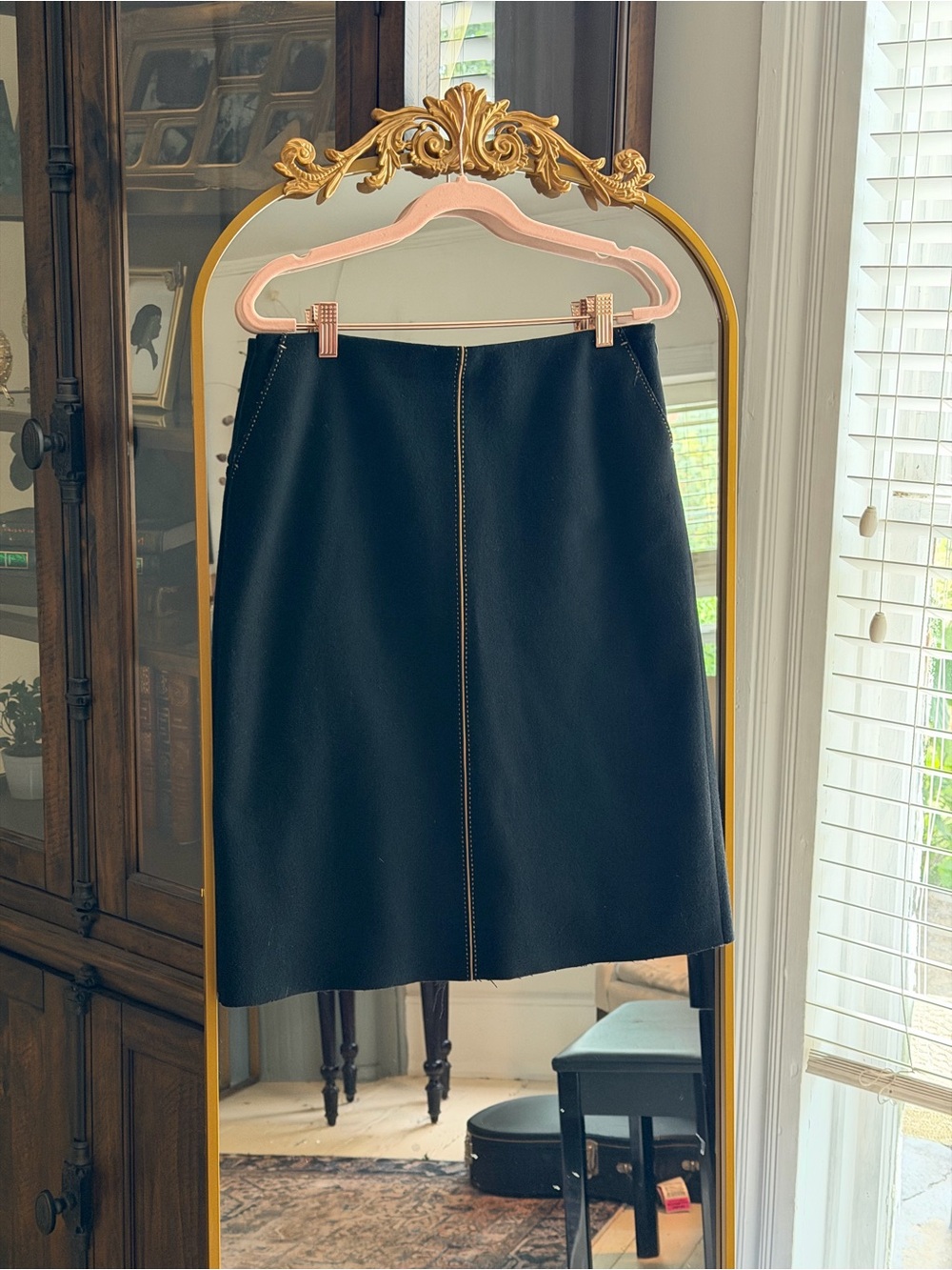J. Crew Wool Blend Black Pencil Skirt with Tan Contrast Stitching